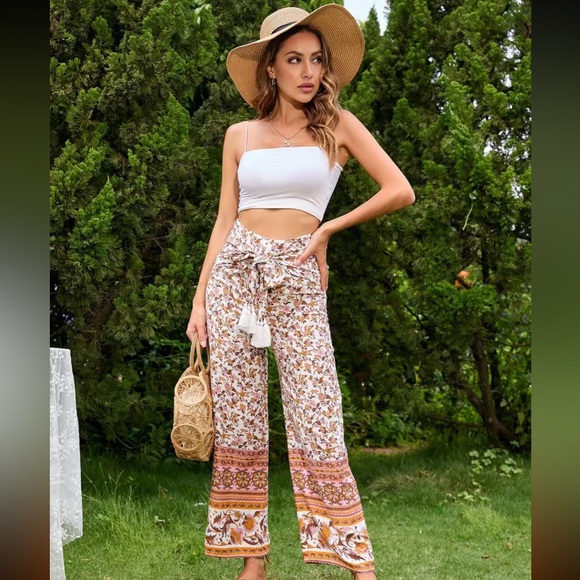 NWT Boho Tie Front Wide Leg Cropped Pants Sz Sm - Picture 3 of 6